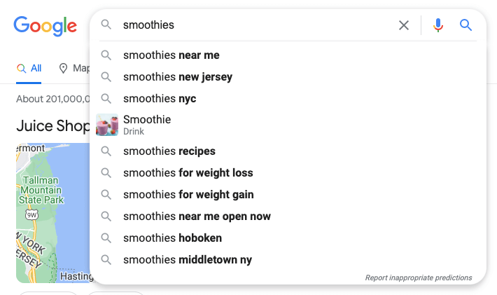 Graphic showing Google Autocomplete Queries for the search term Smoothies