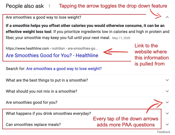 People Also Ask Queries Expanded for the search term Smoothies