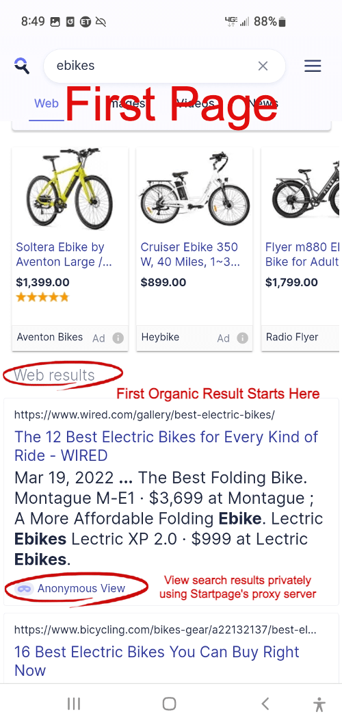 Startpage organic web results begin on page one without scrolling