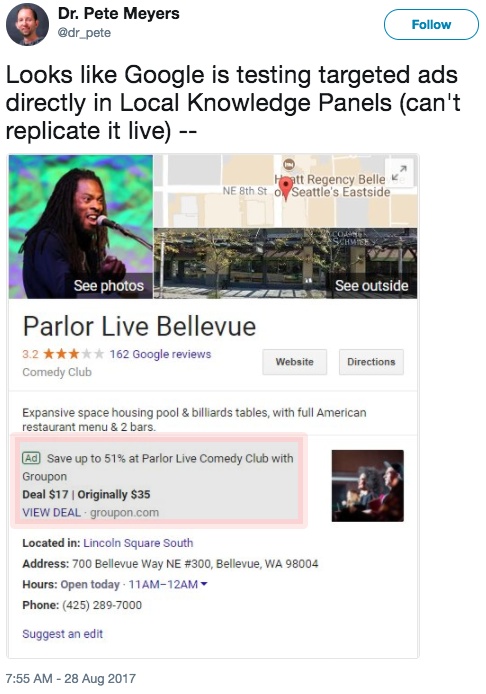 Twitter Report Ad Testing in Local Knowledge Panel