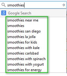 Graphic showing Google Autocomplete Queries for the term Smoothies