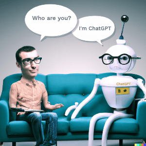 surrealistic Chat bot being interviewed by nerd